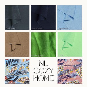 Pu&ograve; includere: Una griglia di campioni di tessuto con colori a tinta unita tra cui grigio scuro, blu scuro, azzurro, marrone, verde mela e lime, insieme a due motivi floreali con sfondi blu e rosa. Il testo NL COZY HOME &egrave; centrato.