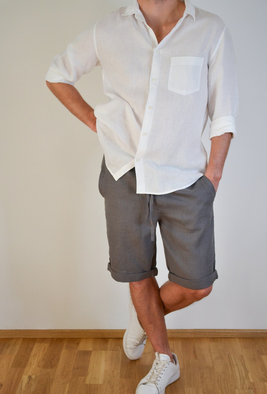 Mens Linen Shorts, Grey Linen Shorts, Shorts With Pockets, Summer