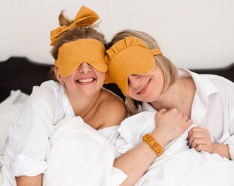 Linen sleep mask,Yellow scrunchies with a Bow ,Eye mask sleep,Sleep mask set,Linen hair ties,Sleep gift box