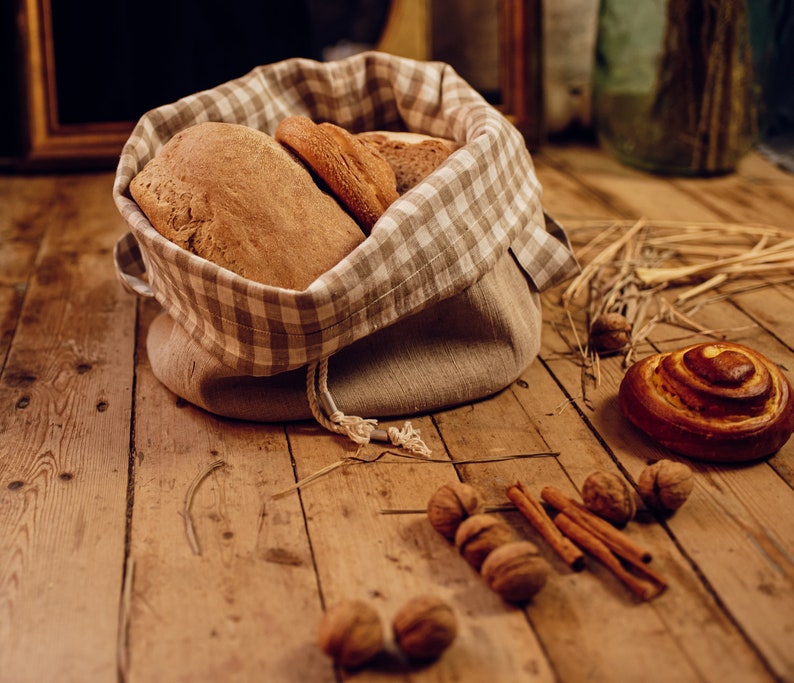 Linen storage basket, Easter linen basket, Zero waste storage, Drawstring linen bag, Organic organizers, Kitchen buffet, Bag cylinder image 5