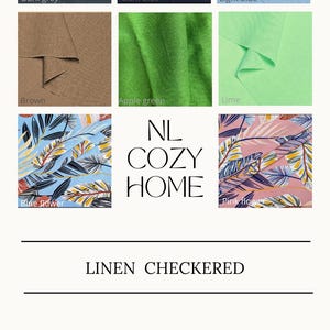 May include: A selection of linen fabrics in diverse colours and patterns. The image showcases swatches of dark grey, dark blue, light blue, brown, apple green, and lime. Floral prints and checkered patterns in dark blue and red are also displayed.