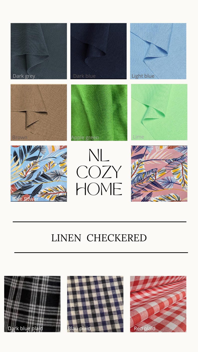 May include: A selection of linen fabrics in diverse colours and patterns. The image showcases swatches of dark grey, dark blue, light blue, brown, apple green, and lime. Floral prints and checkered patterns in dark blue and red are also displayed.