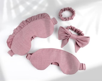 Organic sleep mask, Soft linen blindfold, Sleep mask set, Linen eye mask, Pink scrunchie & Linen bow, Sleep gift box