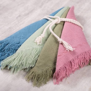 Fringed linen napkins set, Farm house table