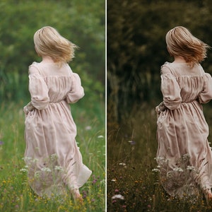 May include: A long-sleeved, floor-length dress in a pale blush pink hue, featuring a gathered bodice, a high square neckline, and voluminous sleeves with detailed cuffs, shown from the back as the fabric flows in a natural outdoor setting.
