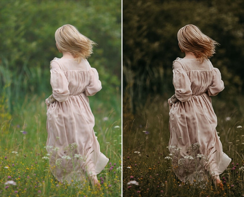 May include: A long-sleeved, floor-length dress in a pale blush pink hue, featuring a gathered bodice, a high square neckline, and voluminous sleeves with detailed cuffs, shown from the back as the fabric flows in a natural outdoor setting.