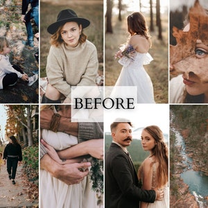 May include: A collage of eight photographs featuring various outdoor scenes, including a child sitting on leaves, a person in a hat, a white dress, a face behind a leaf, a person walking, an embrace, a couple, and a river, with the word BEFORE.