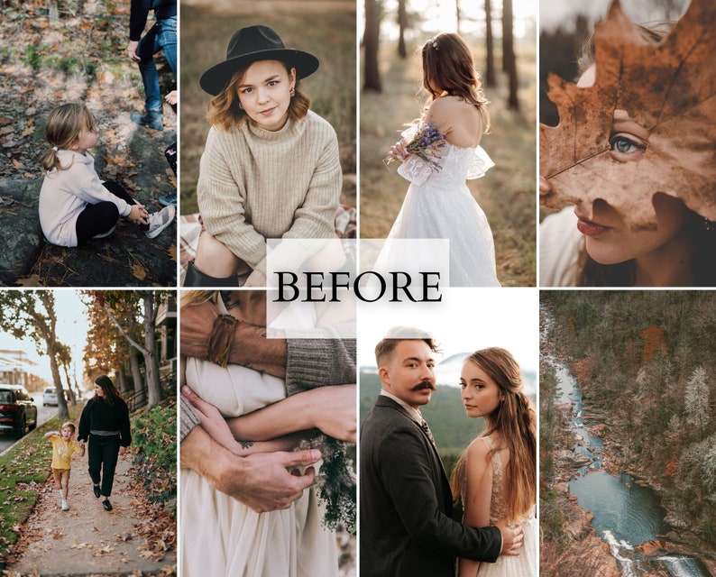 May include: A collage of eight photographs featuring various outdoor scenes, including a child sitting on leaves, a person in a hat, a white dress, a face behind a leaf, a person walking, an embrace, a couple, and a river, with the word BEFORE.
