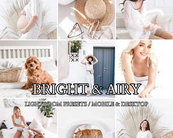 Puede incluir: Un collage de nueve fotografías con imágenes de estilo de vida en tonos claros, que incluyen personas embarazadas, un sombrero de paja, un cachorro, un gato y parejas, con el texto BRIGHT & AIRY LIGHTROOM PRESETS / MOBILE & DESKTOP en el centro.