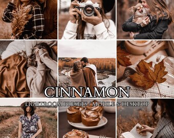 May include: A collection of nine photographs featuring warm-toned lifestyle imagery, including people in outdoor settings, a camera, a dog, autumn leaves, and cinnamon rolls, with the text CINNAMON LIGHTROOM PRESETS / MOBILE & DESKTOP.