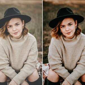 May include: A black wide-brimmed fedora hat, a beige ribbed knit sweater with a high neckline, and gold hoop earrings. The attire includes a plaid blanket and black boots, creating a coordinated ensemble with neutral tones and textured fabrics.
