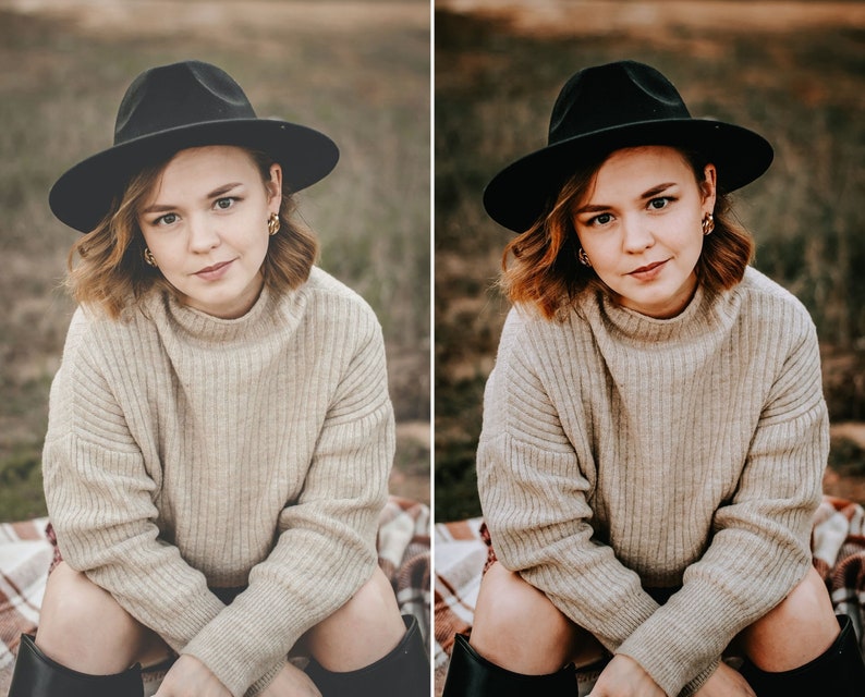 May include: A black wide-brimmed fedora hat, a beige ribbed knit sweater with a high neckline, and gold hoop earrings. The attire includes a plaid blanket and black boots, creating a coordinated ensemble with neutral tones and textured fabrics.