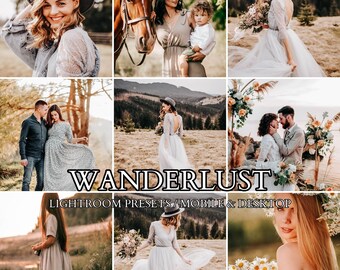May include: A collection of nine photographs featuring individuals in outdoor settings, including a horse, a wedding couple, and floral arrangements. The text WANDERLUST LIGHTROOM PRESETS / MOBILE & DESKTOP is displayed in the center of the image collage.