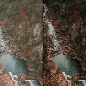 May include: A high-angle view of a winding river flowing through a dense forest with autumn foliage. The landscape features rocky banks, dark blue water, and trees with shades of brown, orange, and muted green, captured in two side-by-side panels.
