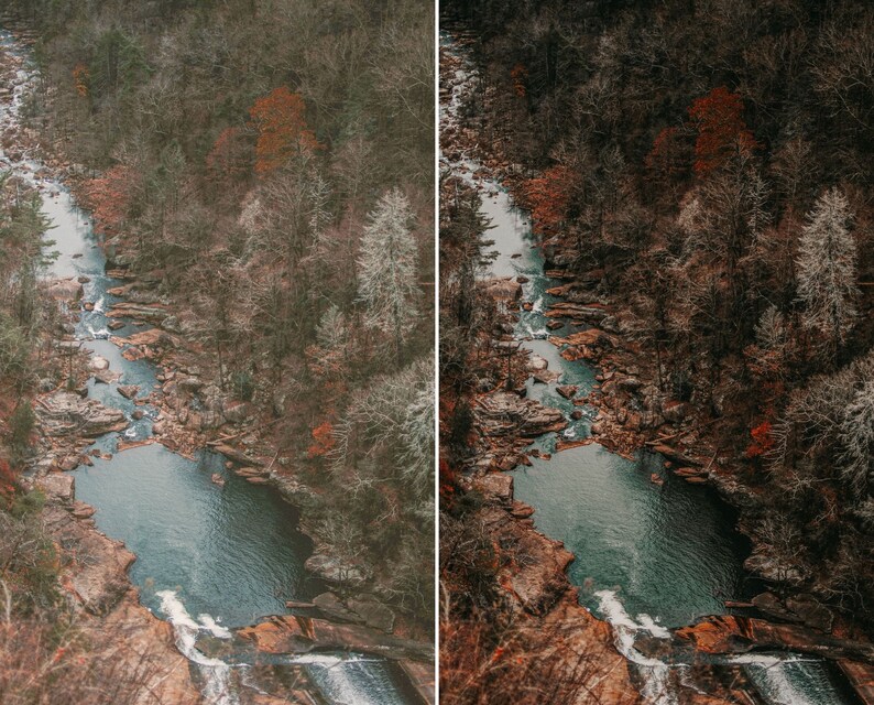 May include: A high-angle view of a winding river flowing through a dense forest with autumn foliage. The landscape features rocky banks, dark blue water, and trees with shades of brown, orange, and muted green, captured in two side-by-side panels.