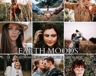 May include: A collection of nine photographs featuring people in outdoor settings with warm, earthy tones. The central text reads EARTH MOODS LIGHTROOM PRESETS / MOBILE & DESKTOP, showcasing various portraits, couples holding hands, and family scenes.