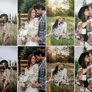 May include: A composite image showing four pairs of before and after photographs of couples and individuals in outdoor settings, demonstrating color grading adjustments with warmer tones and enhanced contrast applied to the after versions.