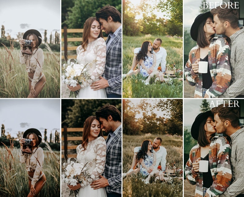 May include: A composite image showing four pairs of before and after photographs of couples and individuals in outdoor settings, demonstrating color grading adjustments with warmer tones and enhanced contrast applied to the after versions.