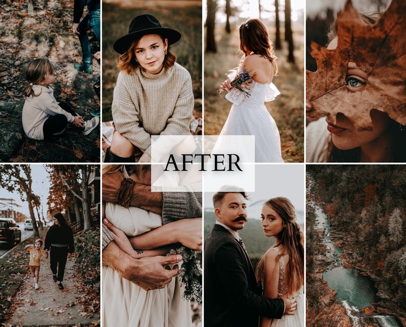 May include: A photo collage featuring various scenes including a child in a park, a person in a hat and sweater, a person in a white dress, a face partially hidden by a leaf, a person walking with a child, an embrace, a couple, and a river.