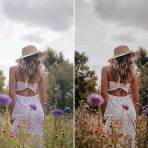 May include: A white strapless dress with a cut-out back detail and a wide-brimmed tan straw hat. The dress features a textured fabric and a fitted bodice that transitions into a flowing skirt, worn in a field filled with purple and orange wildflowers.