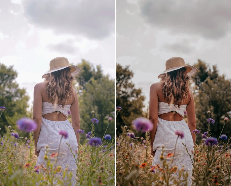 May include: A white strapless dress with a cut-out back detail and a wide-brimmed tan straw hat. The dress features a textured fabric and a fitted bodice that transitions into a flowing skirt, worn in a field filled with purple and orange wildflowers.