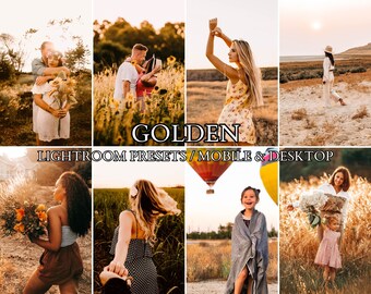 10 ajustes preestablecidos de Lightroom, ajustes preestablecidos de ORO, móvil y escritorio, filtro de Instagram de hora dorada cálido y acogedor, ajuste preestablecido de otoño, filtro de fotos de hora mágica