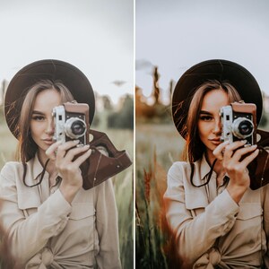 May include: A vintage silver and brown leather camera with a lens, held up to cover part of the face. The camera features a metallic body with a brown leather case attached, showing visible dials and a circular lens element on the front side.