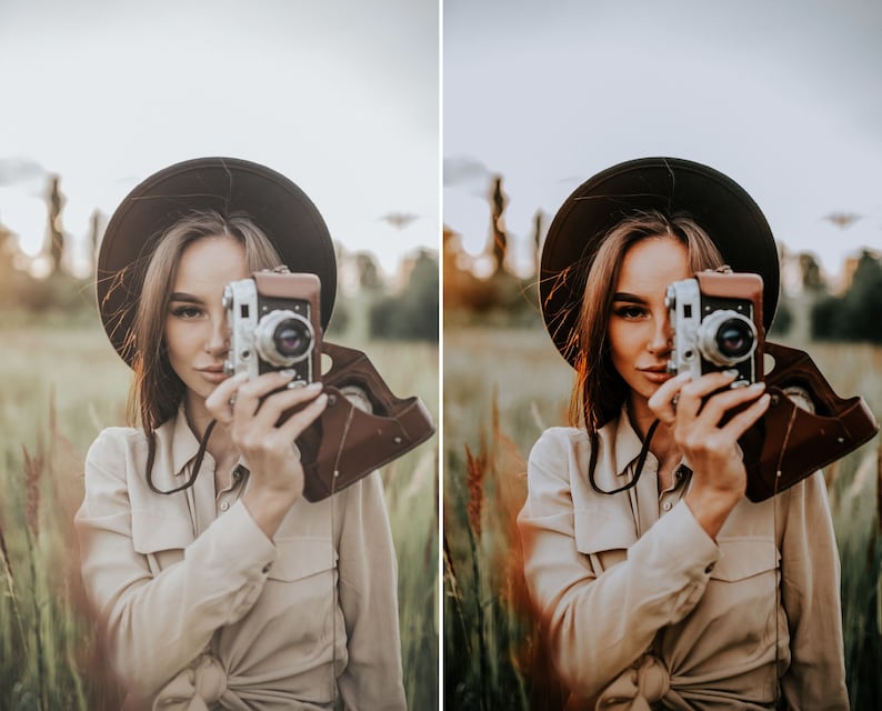 May include: A vintage silver and brown leather camera with a lens, held up to cover part of the face. The camera features a metallic body with a brown leather case attached, showing visible dials and a circular lens element on the front side.