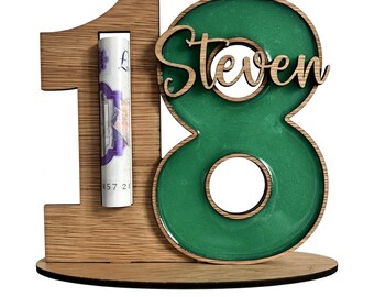 Porte-monnaie personnalisé pour 18e anniversaire | Souvenir en bois et en résine | Présentoir cadeau en espèces pour 18 anniversaires