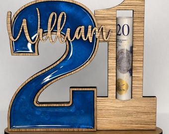 Porte-monnaie personnalisé pour 21e anniversaire | Souvenir en bois et en résine | Présentoir 21 anniversaires en espèces