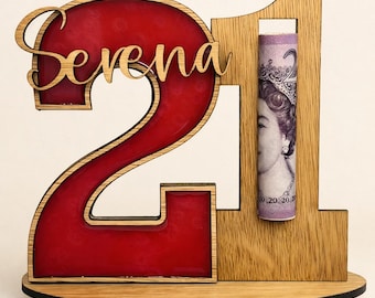Porte-monnaie personnalisé pour 21e anniversaire | Souvenir en bois et en résine | Présentoir 21 anniversaires en espèces
