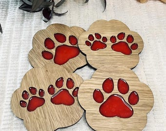 Ensemble de sous-bocks en bois sur le thème des chiens - Dessous de verres faits main en bois et en résine pour animaux de compagnie - Cadeau chat - Lot de 4 sous-bocks patte