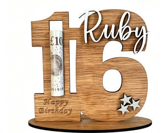 16th Birthday Money Holder Personalised | Wooden Keepsake | Cash Gift Display