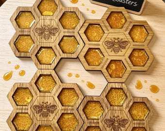 Ensemble de sous-bocks en bois sur le thème des abeilles - Bois et résine faits main - Lot de 4 sous-bocks en nid d'abeille