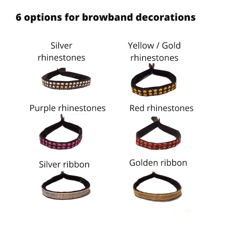 Puede incluir: Seis opciones de decoraci&oacute;n para frontal con bandas negras y pedrer&iacute;a en plata, amarillo/oro, morado y rojo, adem&aacute;s de acabados en cinta plateada y dorada. Cada frontal se muestra con su texto descriptivo claramente visible.