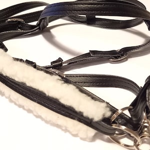 Puede incluir: Un cabestro de cuero negro para caballo con una muserola acolchada de piel sint&eacute;tica blanca. El cabestro incluye correas ajustables, hebillas de metal plateado y anillos circulares para una fijaci&oacute;n segura, con costuras resistentes.