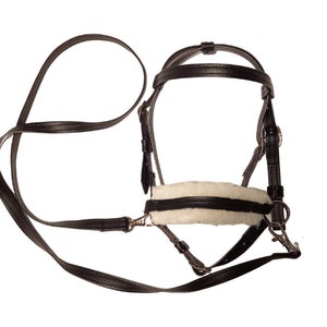 Puede incluir: Una brida de caballo de cuero negro con un forro de muserola de piel sint&eacute;tica blanca, hebillas de metal plateado y una rienda de cuero negro a juego con un clip de metal, dise&ntilde;ada para uso ecuestre con correas ajustables.