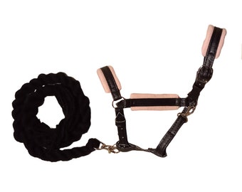 Black and Pink Leather Halter with Black Lead Rope for Hobby Horse, Tack for Hobbyhorse