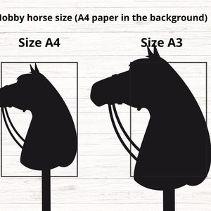 May include: Two black silhouettes of hobby horse heads mounted on sticks, labeled Size A4 and Size A3. The text reads Hobby horse size (A4 paper in the background), Size A4, and Size A3. The silhouettes are positioned against rectangular outlines.