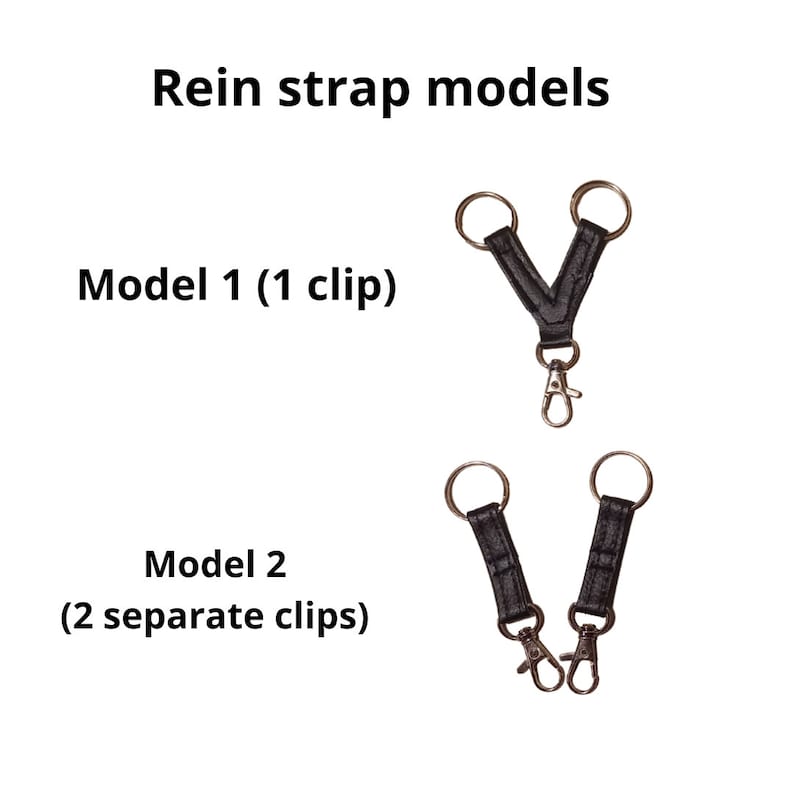 May include: Rein strap models with text labels. Model 1 (1 clip) shows a V-shaped black leather strap with two metal rings at the top and one metal swivel clip at the bottom. Model 2 (2 separate clips) shows two individual black leather straps.