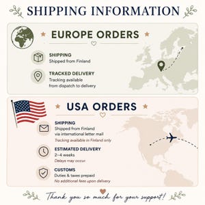 Puede incluir: Un gr&aacute;fico informativo titulado SHIPPING INFORMATION dividido en dos secciones. La secci&oacute;n superior, EUROPE ORDERS, presenta un icono de globo terr&aacute;queo, un mapa de Europa con un marcador de ubicaci&oacute;n y texto sobre env&iacute;os desde Finlandia y seguimiento.