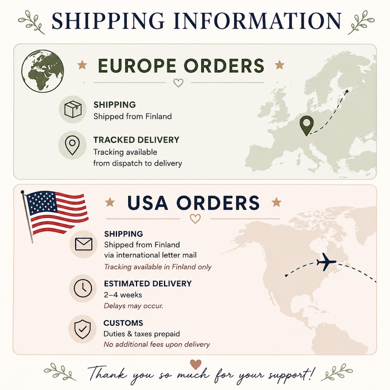 Puede incluir: Un gr&aacute;fico informativo titulado SHIPPING INFORMATION dividido en dos secciones. La secci&oacute;n superior, EUROPE ORDERS, presenta un icono de globo terr&aacute;queo, un mapa de Europa con un marcador de ubicaci&oacute;n y texto sobre env&iacute;os desde Finlandia y seguimiento.