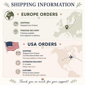 May include: An informational graphic titled SHIPPING INFORMATION divided into two sections. The top section, EUROPE ORDERS, features a globe icon, a map of Europe with a location pin, and text regarding shipping from Finland and tracked delivery.