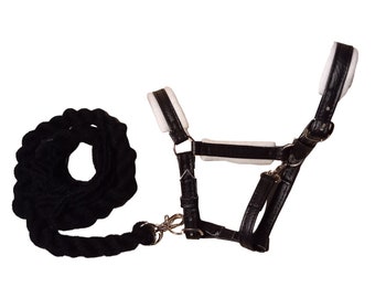 Black and White Leather Halter with Black Lead Rope for Hobby Horse, Tack for Hobbyhorse