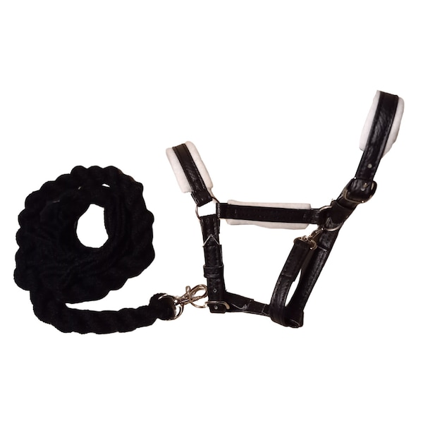 Halter de cuero blanco y negro con cuerda de plomo negra para Hobby Horse, tachuela para Hobbyhorse