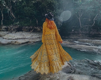 Mustard Lace Duster Robe – Long Boho Statement Outerwear for Festival & Art Events (Limited Edition)