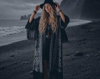 Begränsad upplaga blåvitguldfärgad kimono-morgonrock med fransar, festivalkimonojacka, iögonfallande ytterkläder
