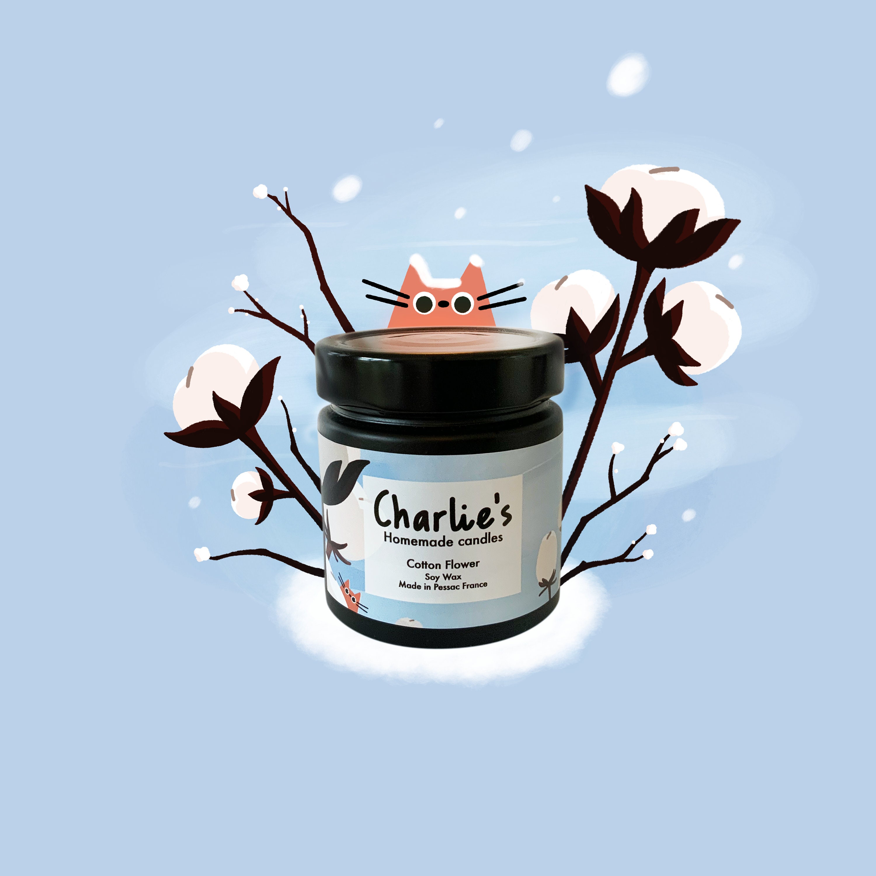 Bougie Parfumée, Illustrée et Faite Main à La Cire de Soja - Parfum Fleur Coton | 30H