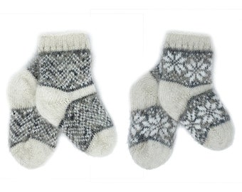 Kids Handmade Snowflake Series 100% Organic Goat Fur Hypoallergenic Extra Warm Knitted Slipper Socks Made in Northern Caucasian Mountains