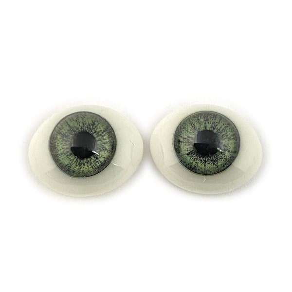 12mm Glass Eyes for Doll and Jewelry Making, Pair of Two Green, with Oval Flat Backs, All Glass with Human Pupil and Realistic Color